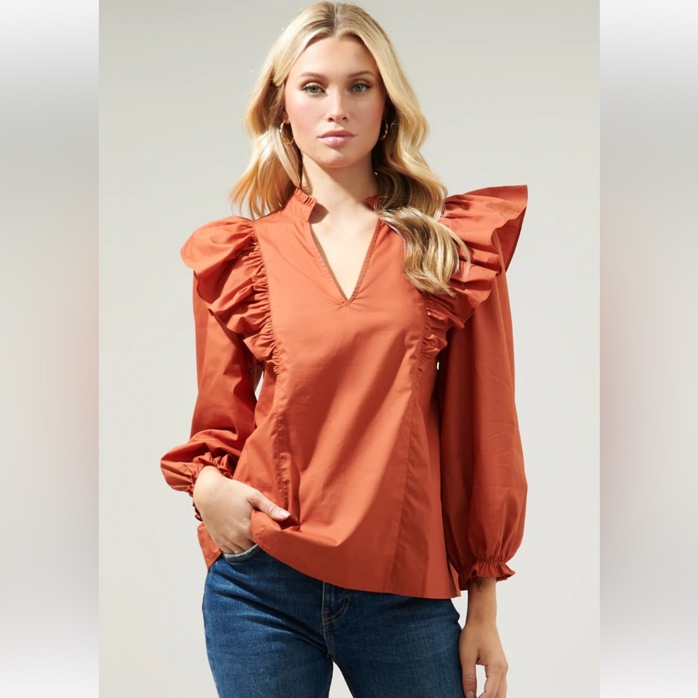 Sugarlips Rust Orange Grayson Ruffle Split Neck Top | Size XS